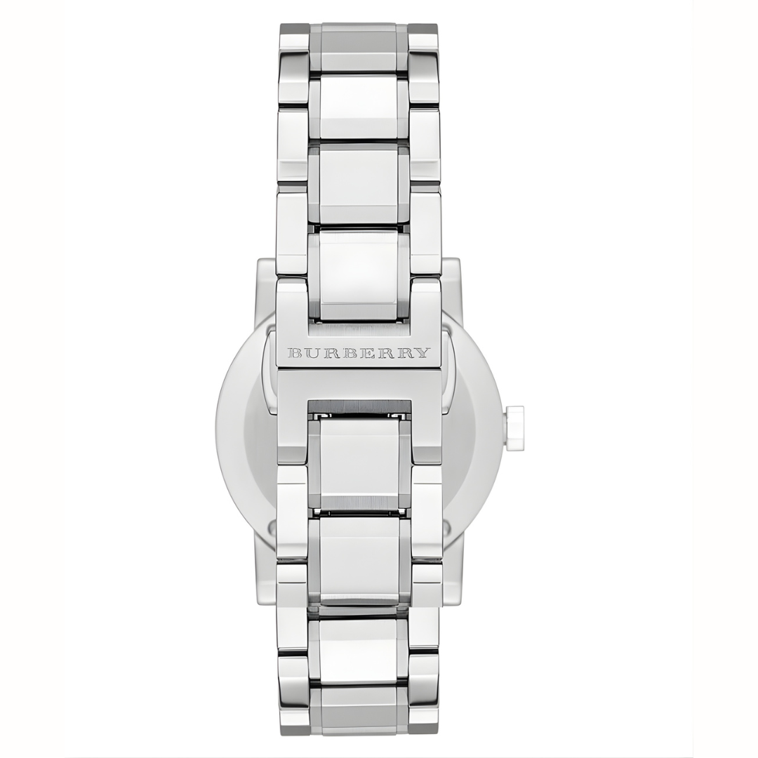 Silver Burberry watch on a white background