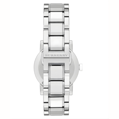 Silver Burberry watch on a white background