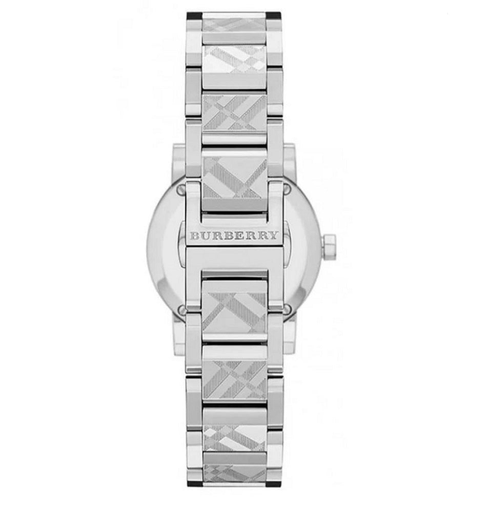 Rear view of the Burberry BU9223 women's watch showing the engraved check pattern on the stainless steel link bracelet and a seamless deployment clasp.