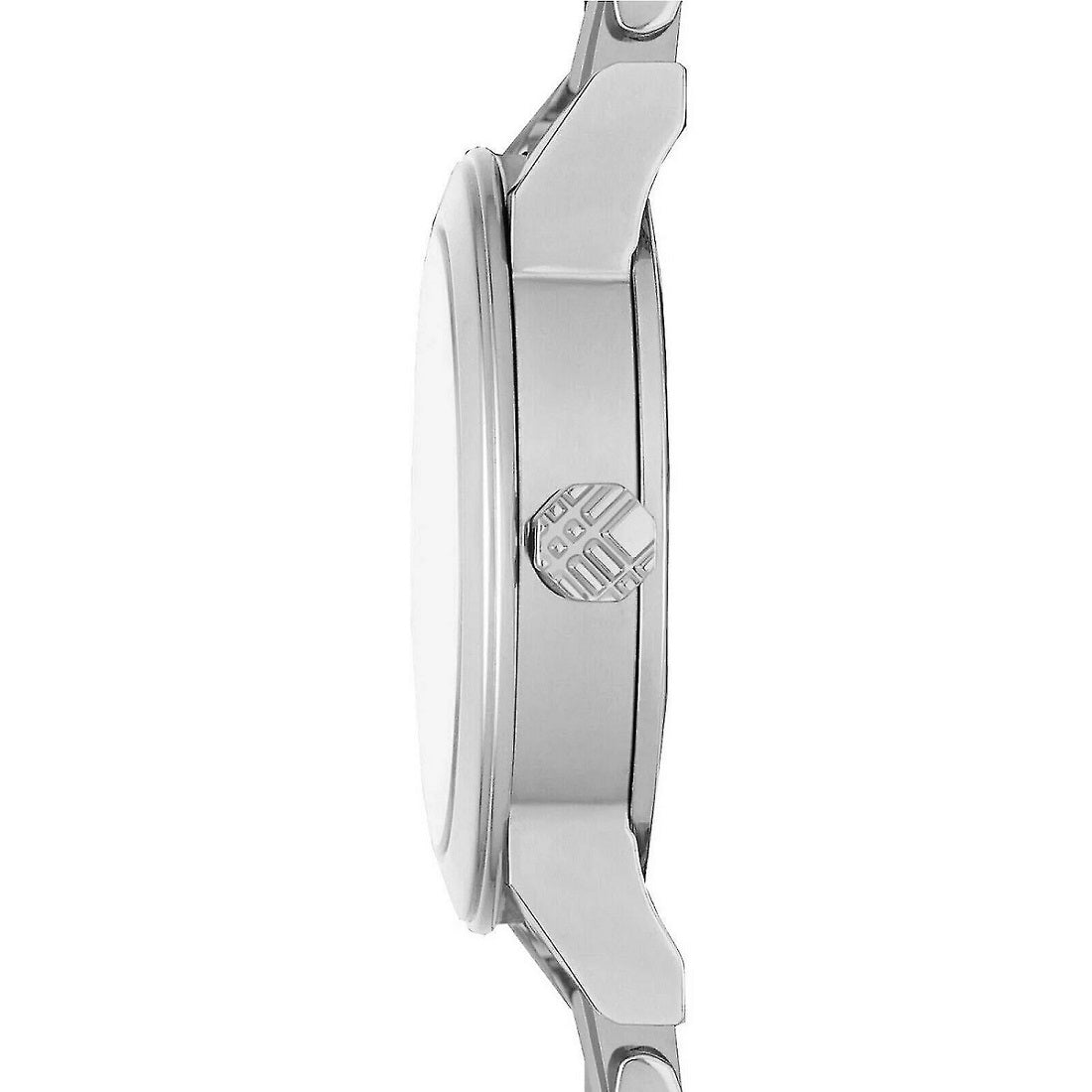Side profile view of the Burberry BU9223 watch highlighting the slim silver-tone case and textured crown detail.