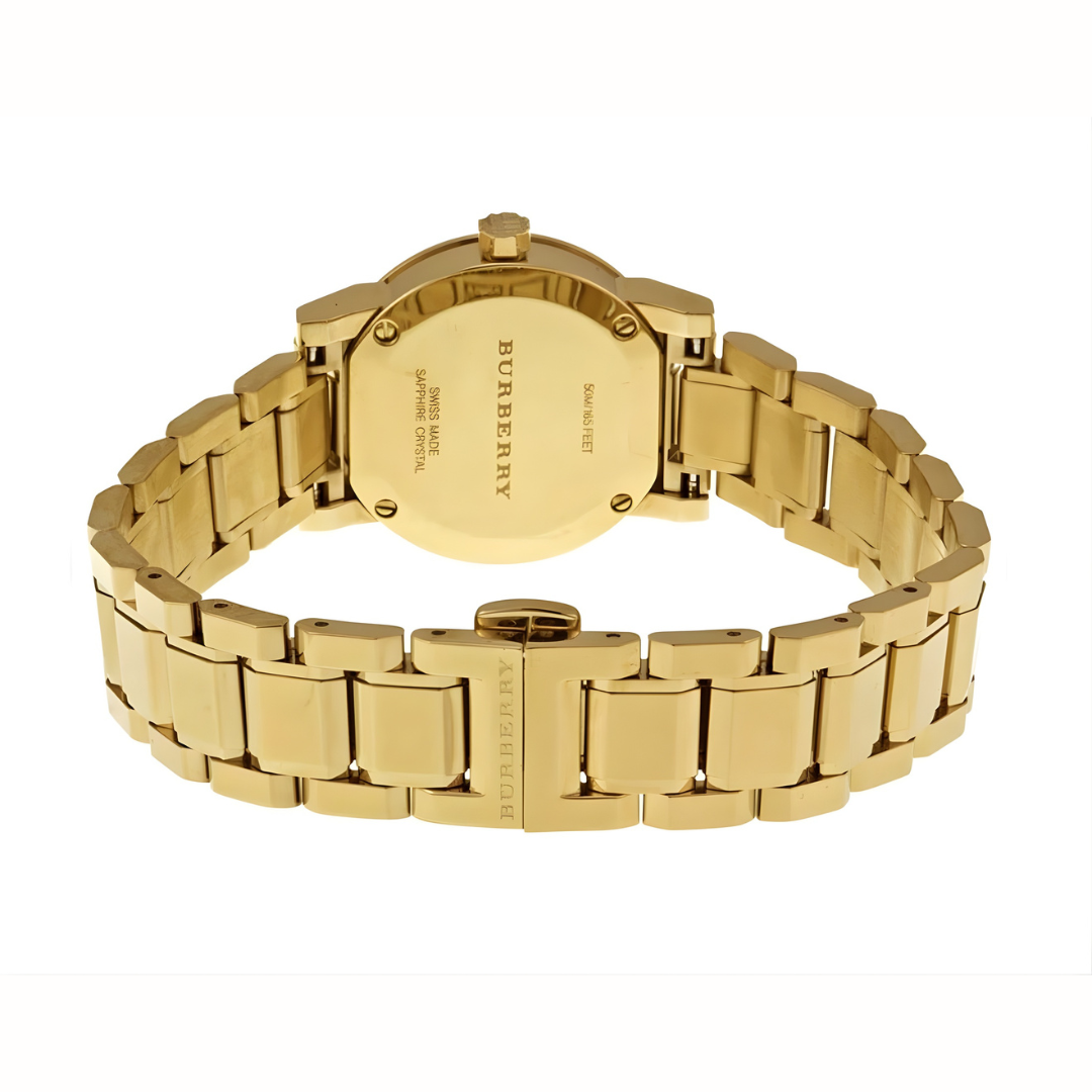Back case view of Burberry BU9227 The City women’s watch showing its stainless steel gold case