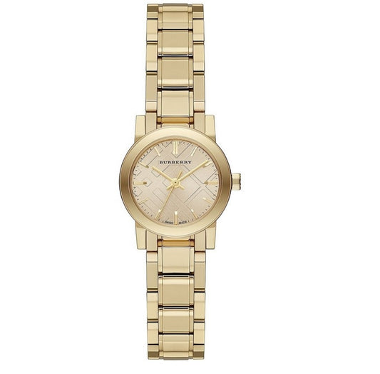 Front view of Burberry BU9227 The City women’s watch with stainless steel gold strap and gold dial