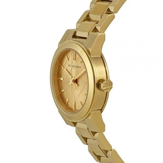 Side view of Burberry BU9227 gold strap and dial – The City 2 model