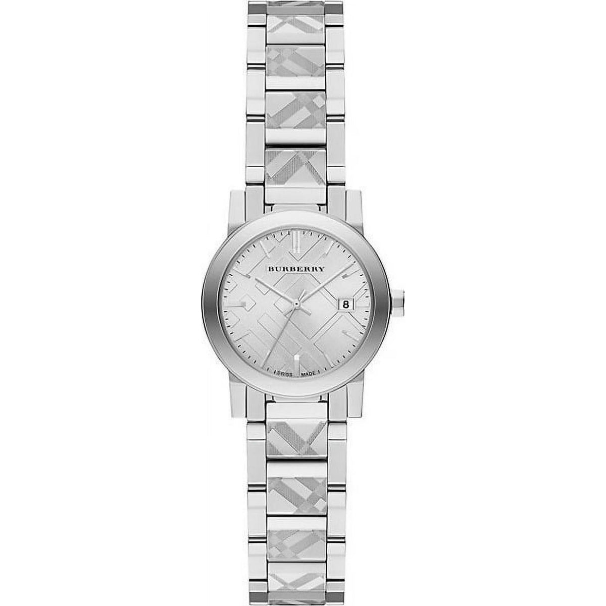 Front studio view of the Burberry BU9233 The City women's watch showcasing a silver-tone dial with a stamped check pattern and a matching stainless steel bracelet featuring engraved check center links.