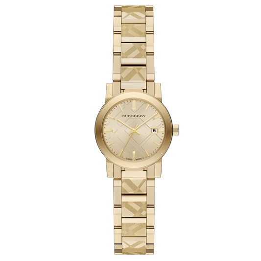 A high-resolution front view of the Burberry BU9234 The City watch, highlighting the polished gold stainless steel case and the engraved check pattern on the dial.
