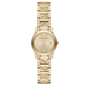 A high-resolution front view of the Burberry BU9234 The City watch, highlighting the polished gold stainless steel case and the engraved check pattern on the dial.