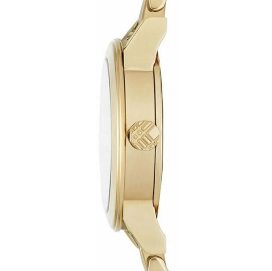 A side profile view of the Burberry BU9234 watch, showing the slim profile of the gold stainless steel case and the detailed crown.