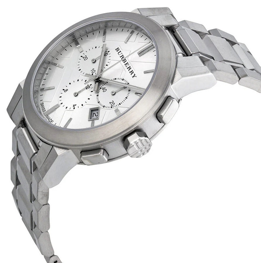 Angled shot of Burberry BU9350 The City men’s watch, emphasizing its silver dial and stainless steel strap