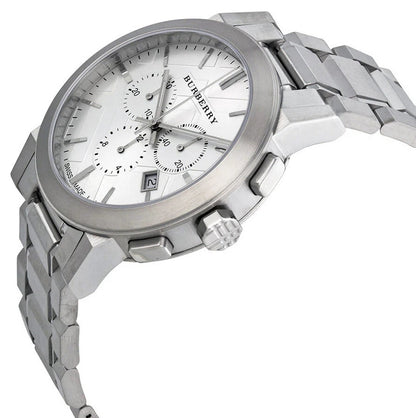 Angled shot of Burberry BU9350 The City men’s watch, emphasizing its silver dial and stainless steel strap