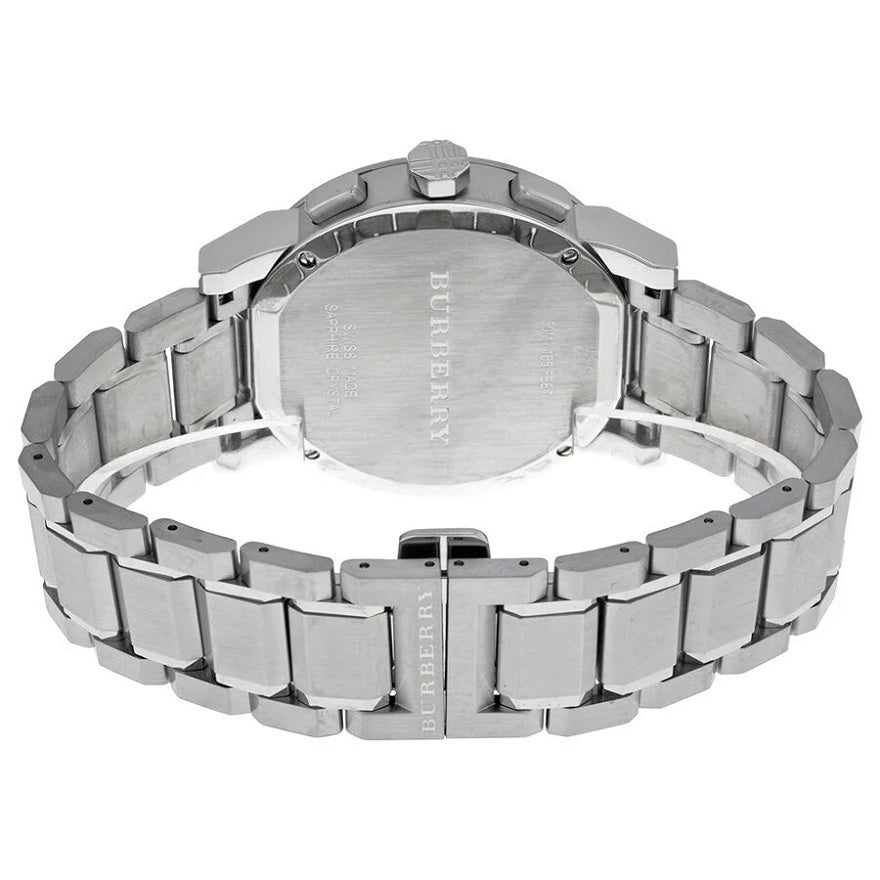 Back case view of Burberry BU9350 The City men’s watch showing its stainless steel silver case