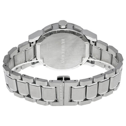 Back case view of Burberry BU9350 The City men’s watch showing its stainless steel silver case