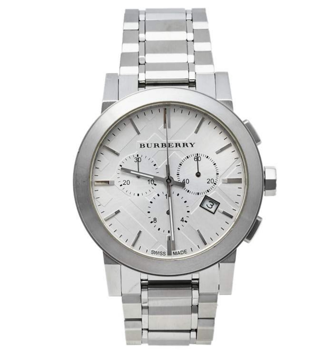 Close-up of the silver dial on Burberry BU9350 The City men’s watch with stainless steel silver strap
