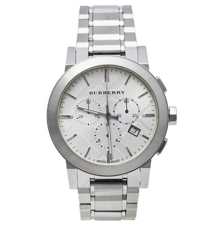 Close-up of the silver dial on Burberry BU9350 The City men’s watch with stainless steel silver strap