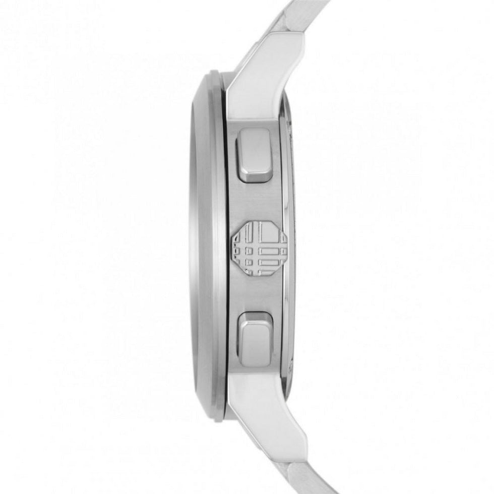 Side view of Burberry BU9350 The City men’s watch with stainless steel silver strap and silver dial