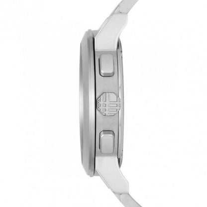 Side view of Burberry BU9350 The City men’s watch with stainless steel silver strap and silver dial