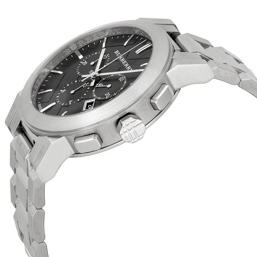 Angled shot of Burberry BU9351 The City men’s watch showcasing the black dial and silver bracelet