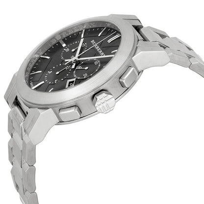 Angled shot of Burberry BU9351 The City men’s watch showcasing the black dial and silver bracelet