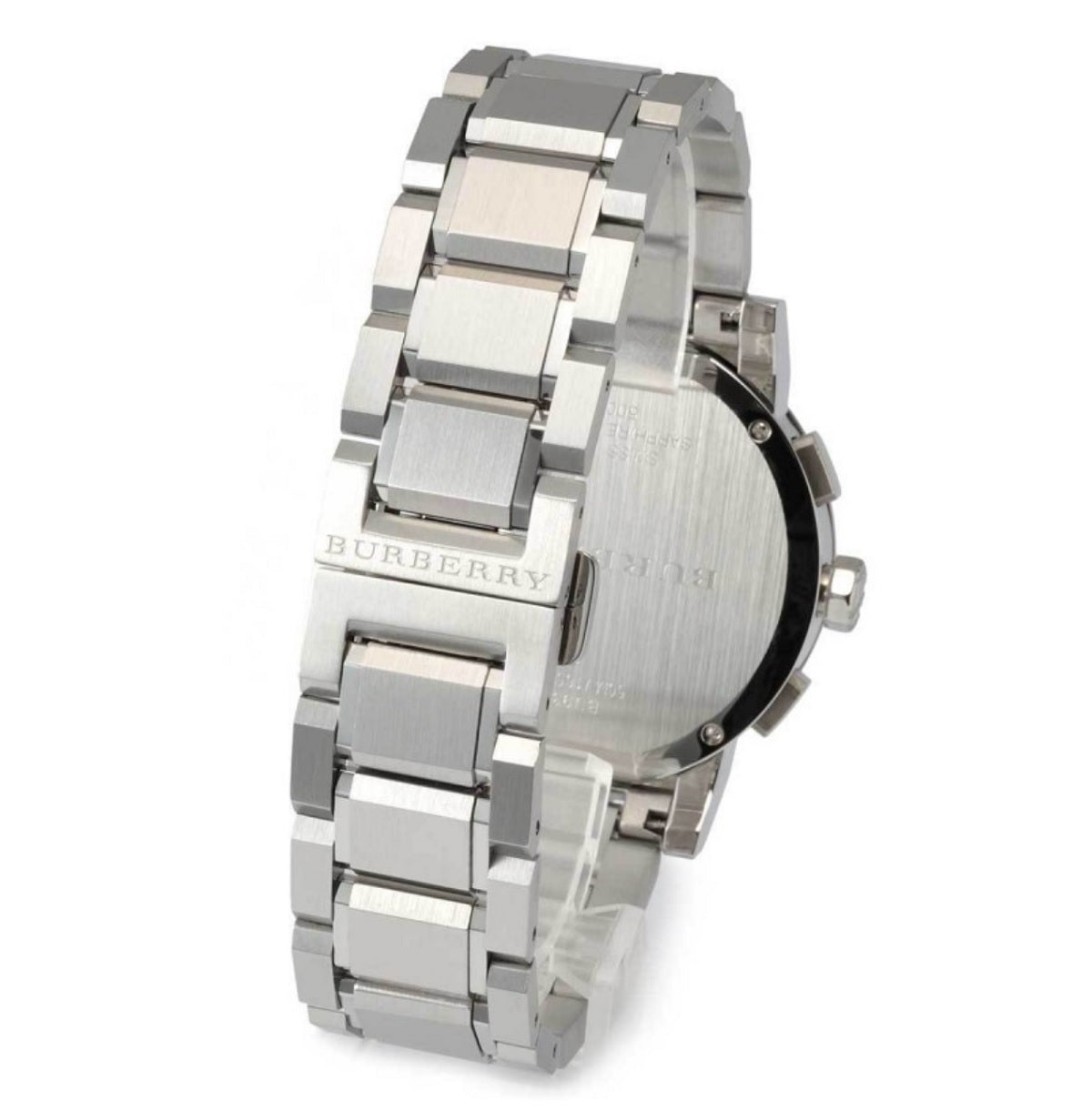 Angled shot of Burberry BU9351 The City men’s watch showcasing silver bracelet