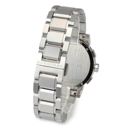 Angled shot of Burberry BU9351 The City men’s watch showcasing silver bracelet