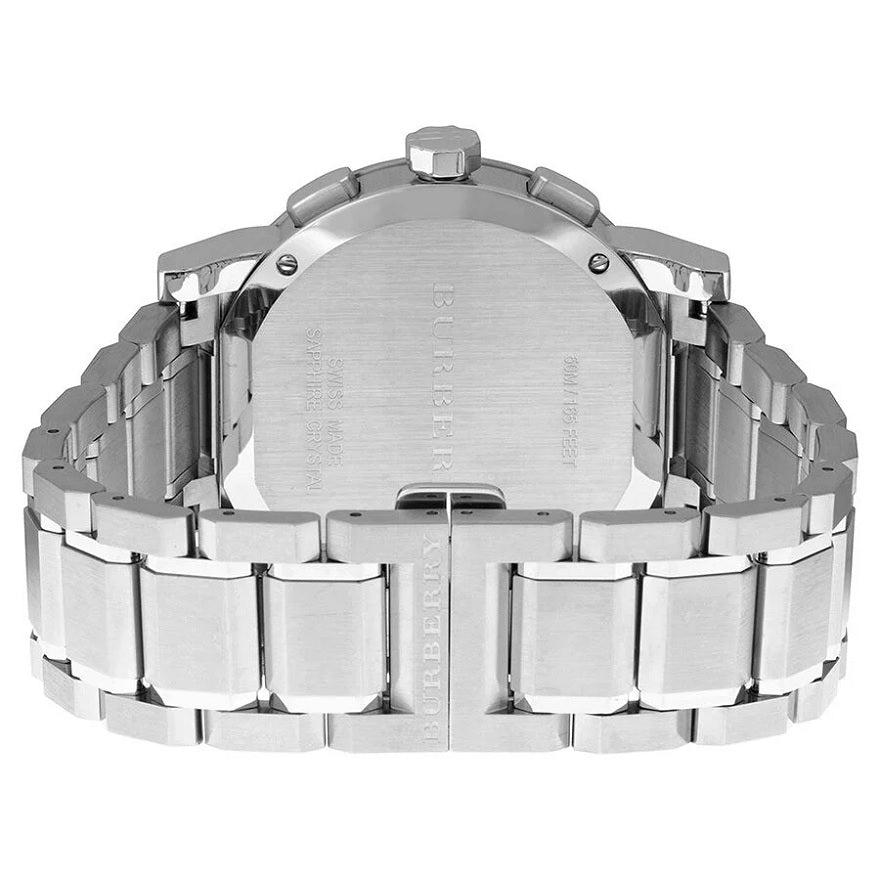 Back case view of Burberry BU9351 The City men’s watch with stainless steel finish