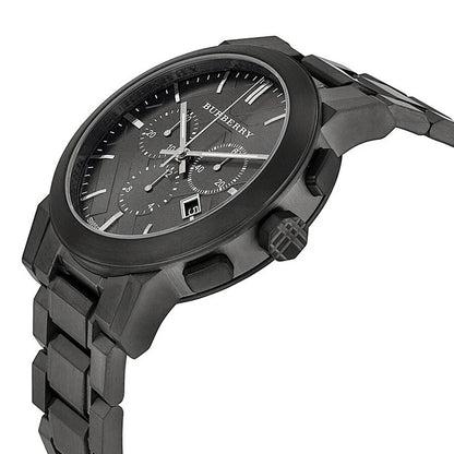 Angled shot of Burberry BU9354 The City watch highlighting its dark grey dial and stainless steel case