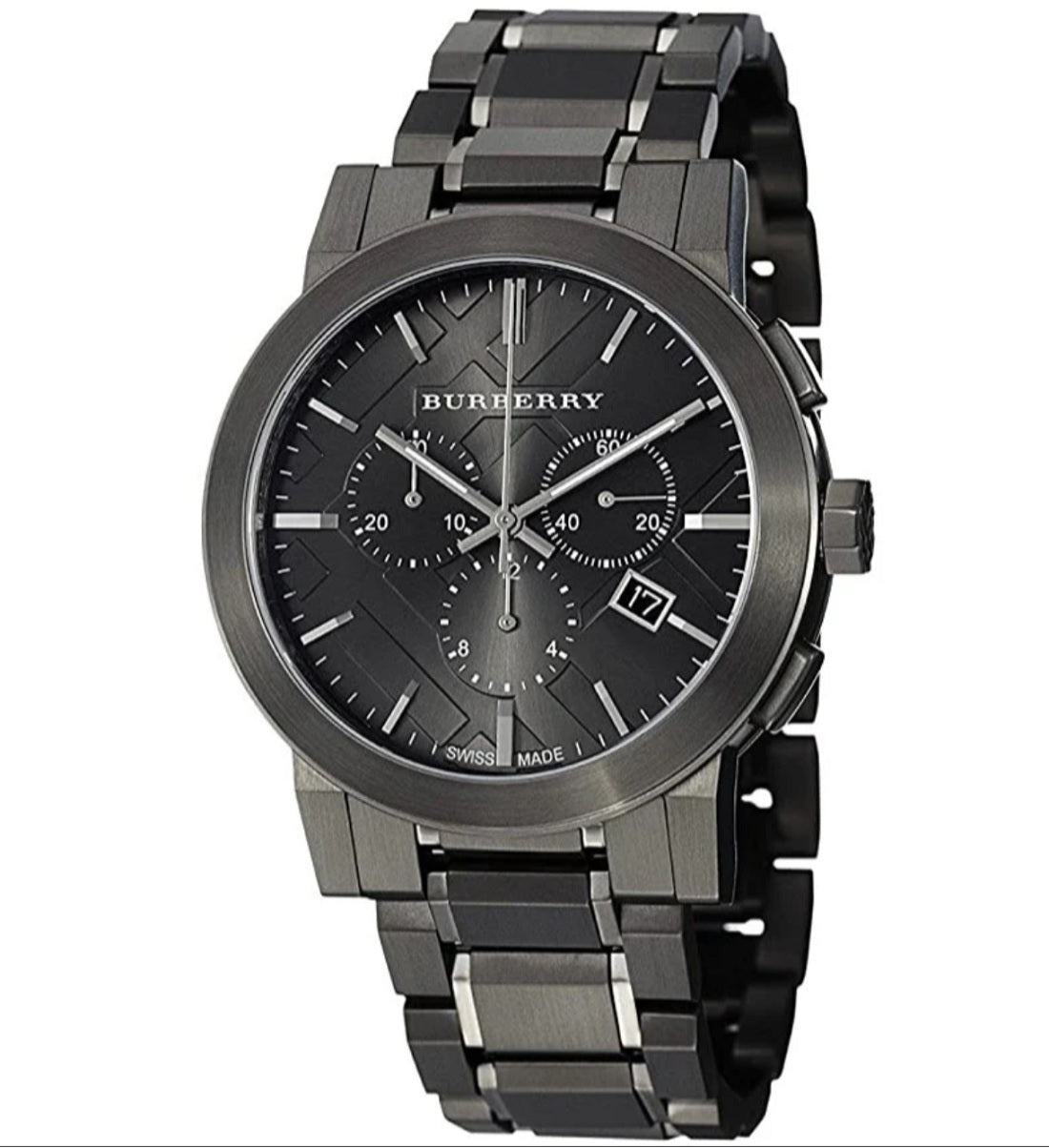 Close-up shot of the dark grey dial on Burberry BU9354 The City men's watch with silver hour markers