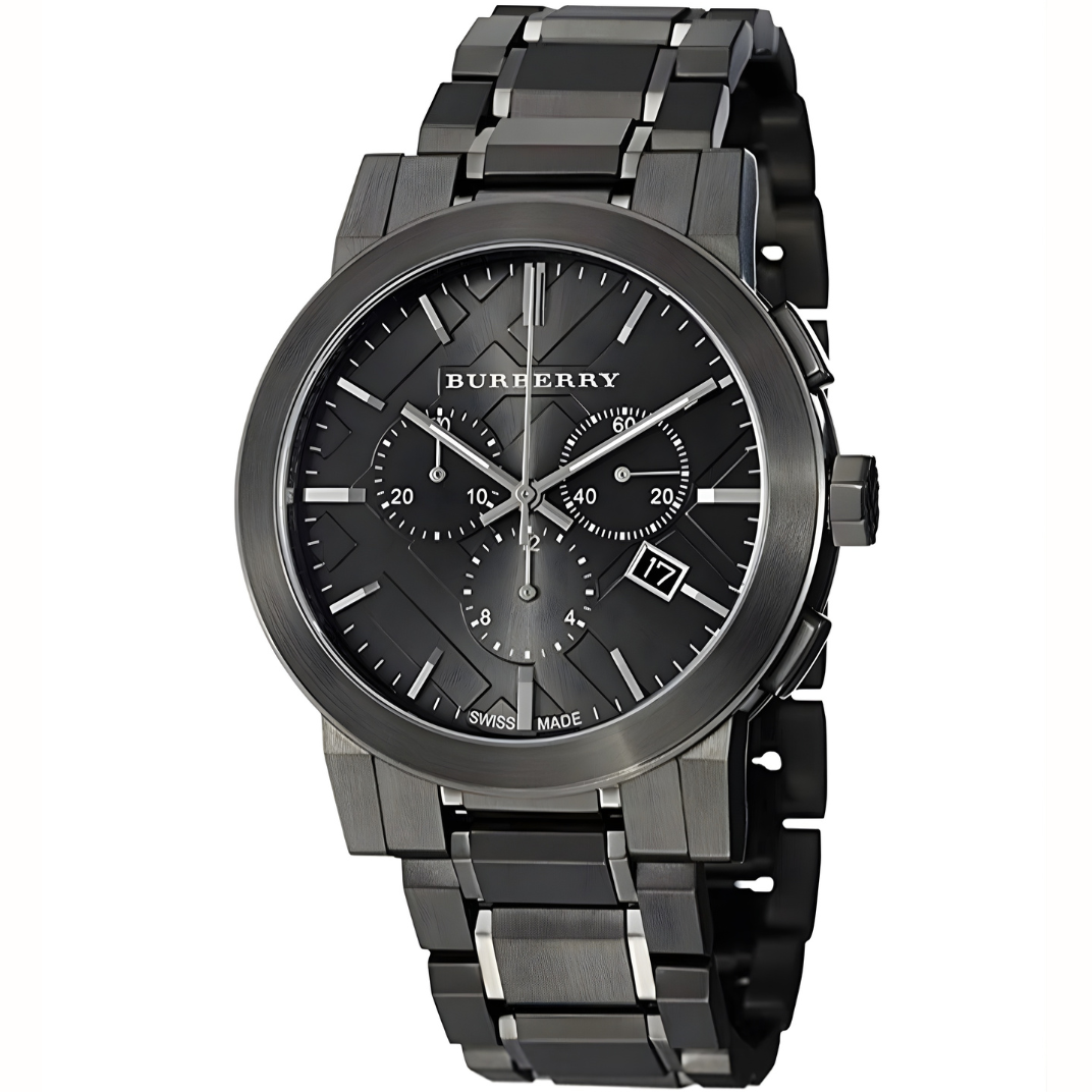 Front view of Burberry BU9354 The City men’s watch with dark grey stainless steel strap and dark grey dial