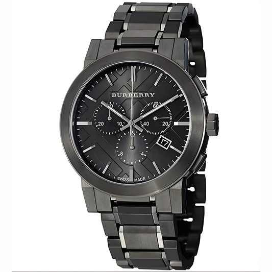 Front view of Burberry BU9354 The City men’s watch with dark grey stainless steel strap and dark grey dial