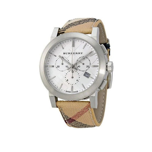 General view of Burberry BU9357 The City men’s watch with multicolour leather strap and silver dial displayed at an angle