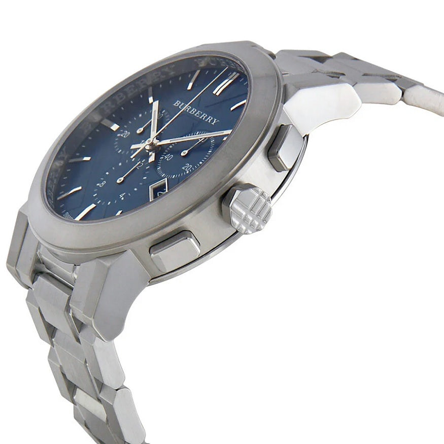Angled view of Burberry BU9363 showing polished bezel and elegant blue dial