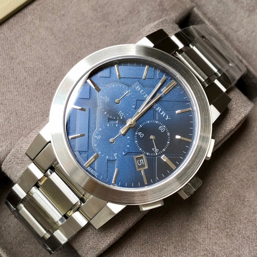 Burberry BU9363 The City watch with blue dial displayed in branded box