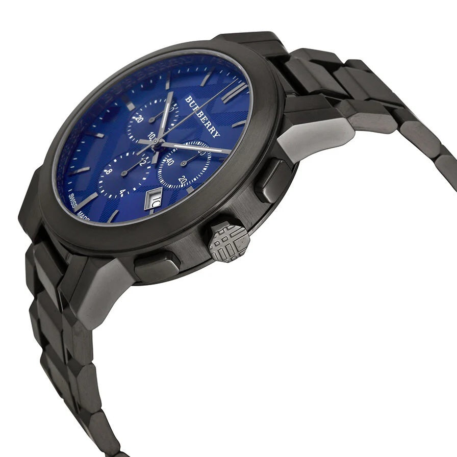 Angled shot of Burberry BU9365 highlighting its sleek blue dial and case