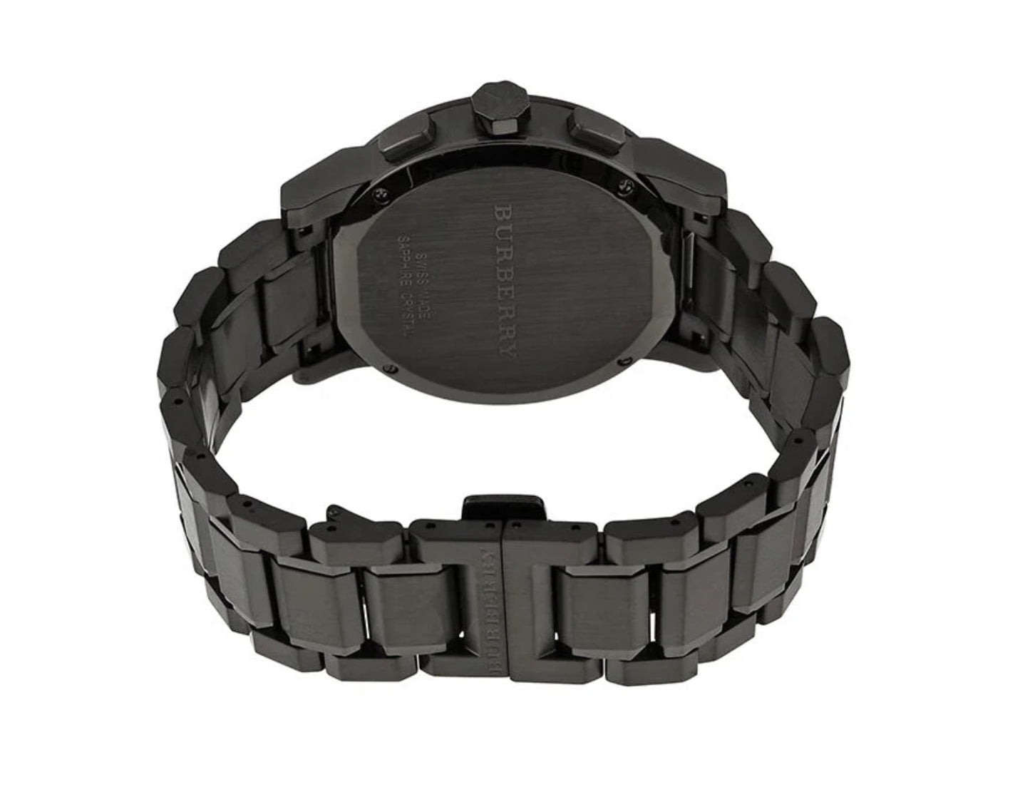 Back case view of Burberry BU9365 men’s watch with stainless steel finish