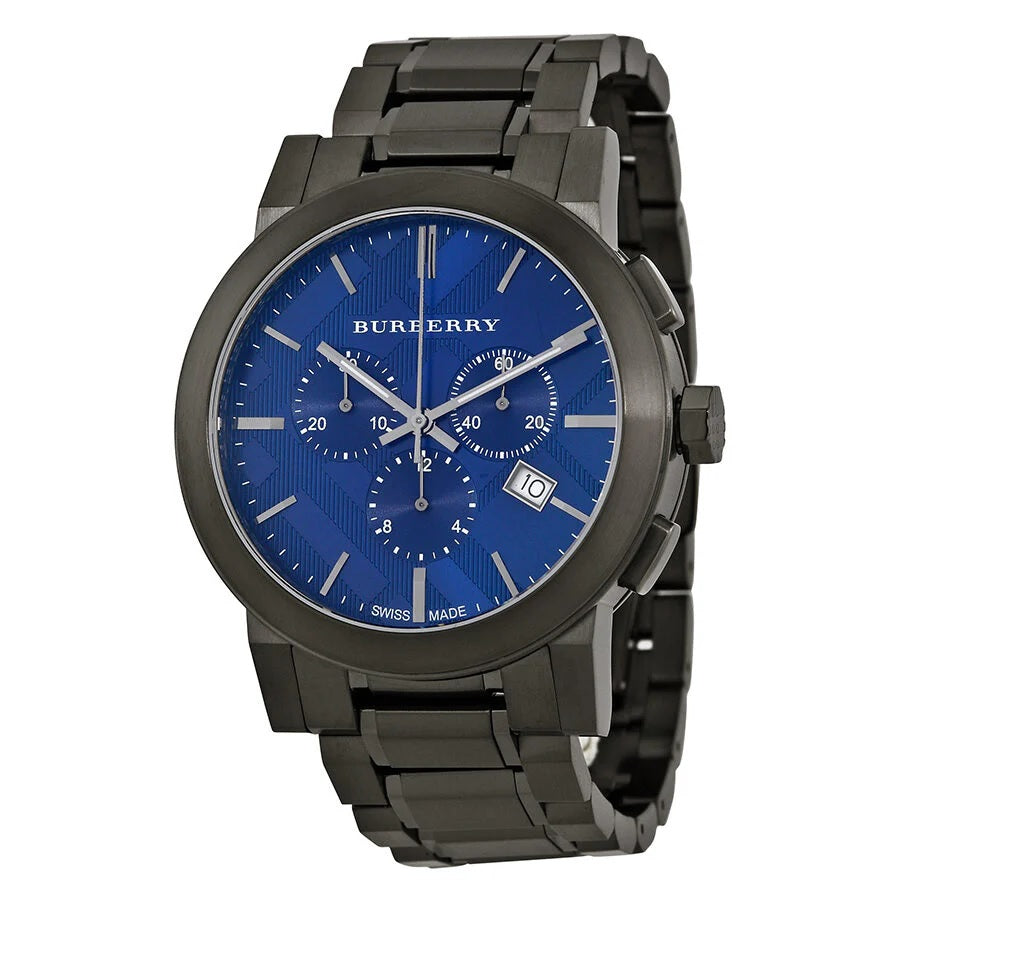 Full display of Burberry BU9365 men’s watch with sleek grey strap and deep blue dial