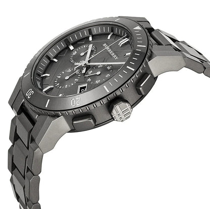 Angled view of Burberry BU9381 watch highlighting silver case and grey dial