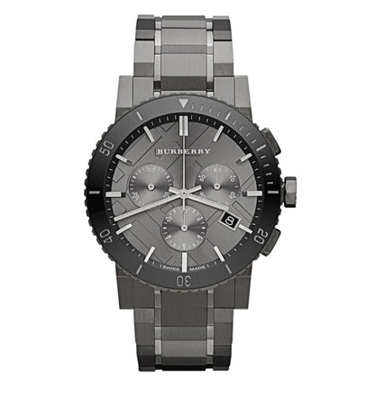 Close-up of Burberry BU9381 men’s watch showing detailed grey dial design
