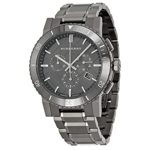 Front view of Burberry BU9381 The City men’s watch with grey strap and grey dial
