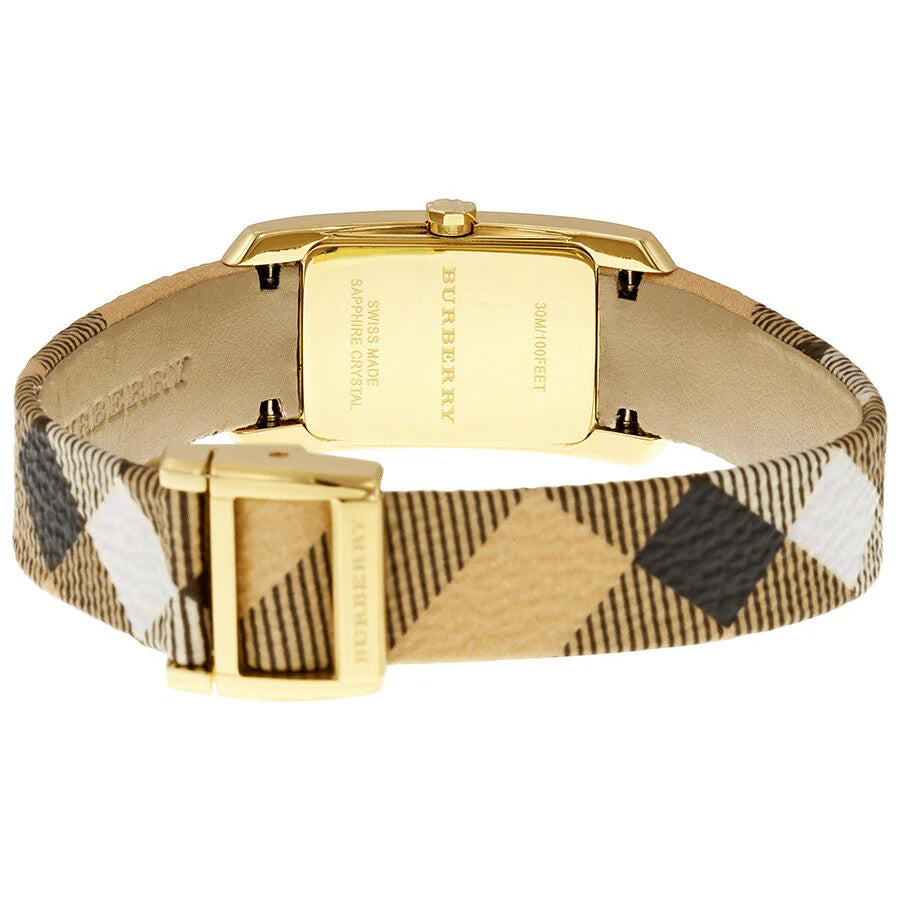 Rear view of the Burberry BU9509 women's watch highlighting the gold-tone clasp and the iconic check pattern on the fabric strap.