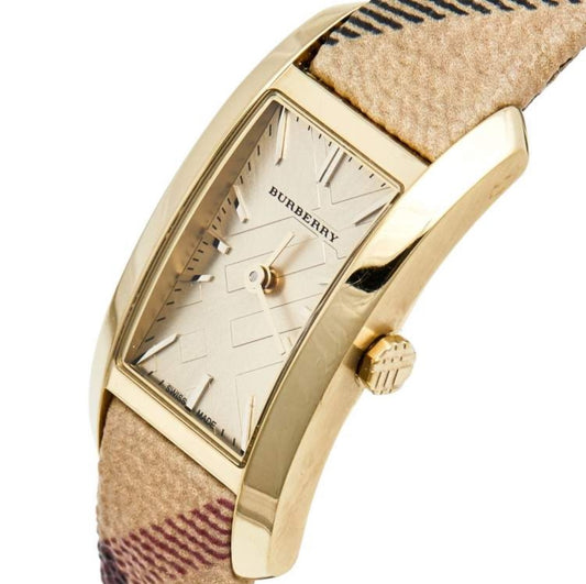 Angled view of the Burberry BU9509 showcasing the elegant rectangular gold-tone case and classic check pattern strap.