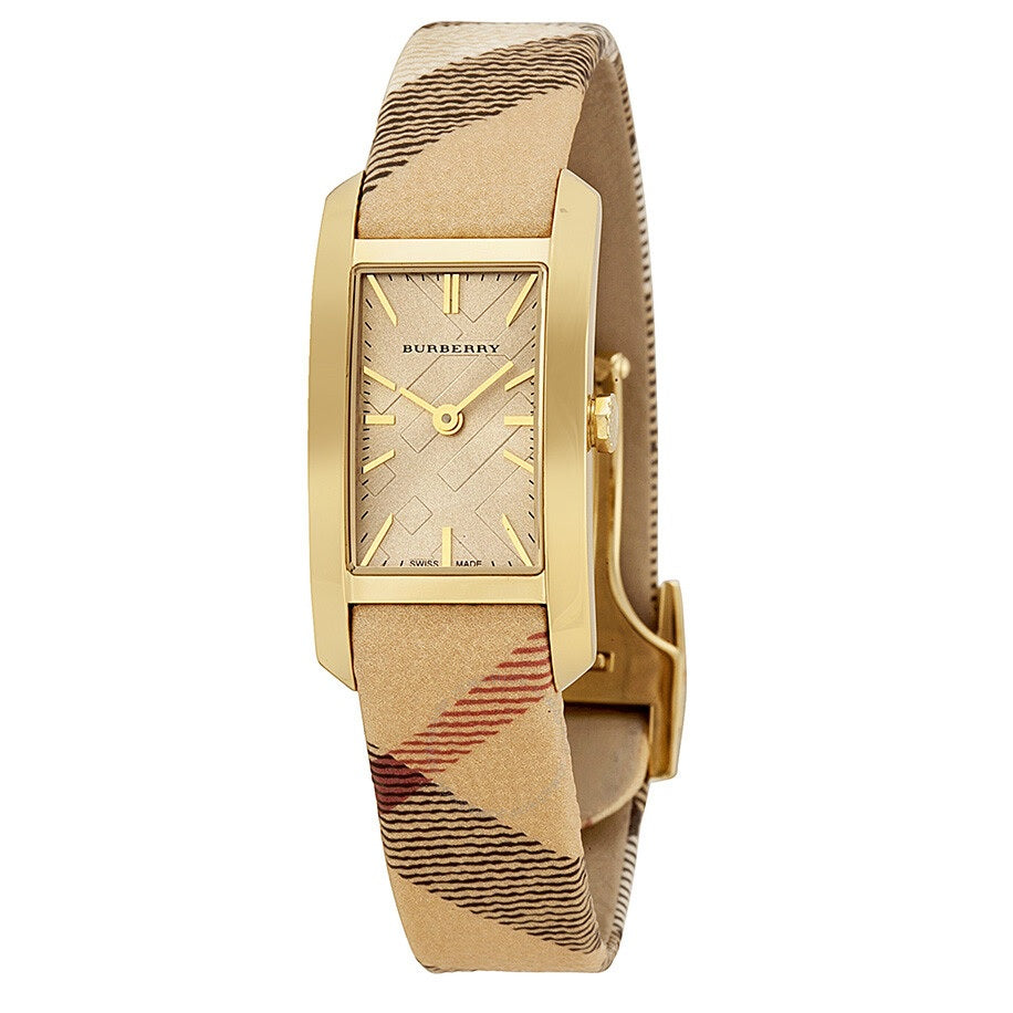 Front view of the Burberry BU9509 women's rectangular gold-tone watch featuring a textured gold dial and signature classic check fabric strap.