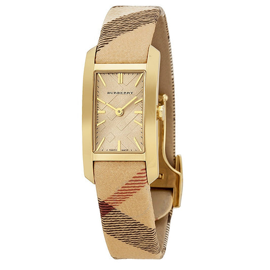 Front view of the Burberry BU9509 women's rectangular gold-tone watch featuring a textured gold dial and signature classic check fabric strap.