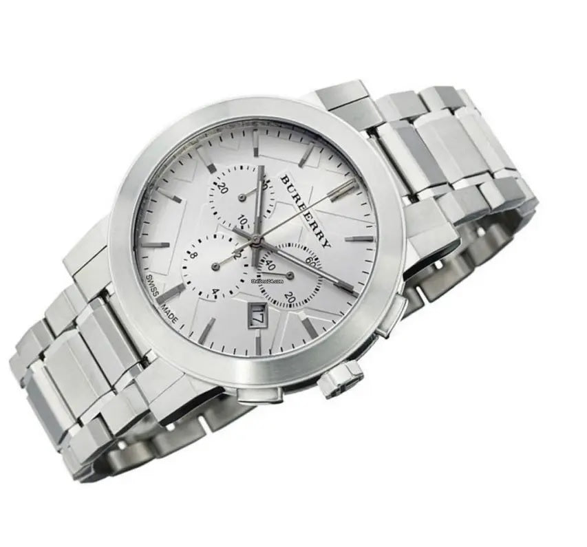 Angled shot of BU9750 Burberry watch highlighting silver dial and steel case