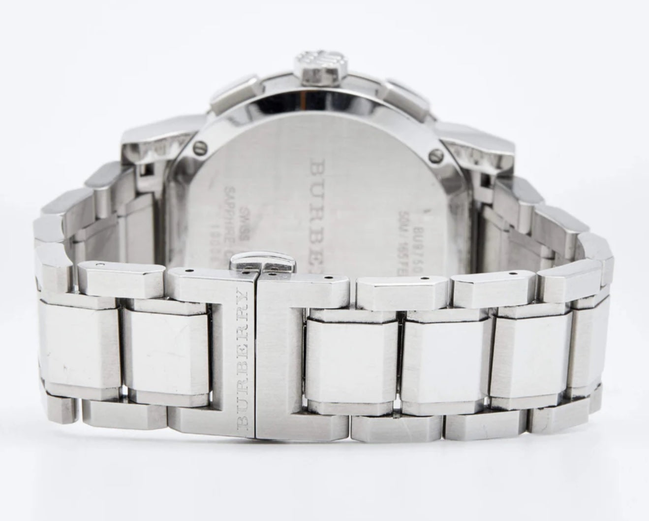 Back case view of Burberry BU9750 The City watch with stainless steel details