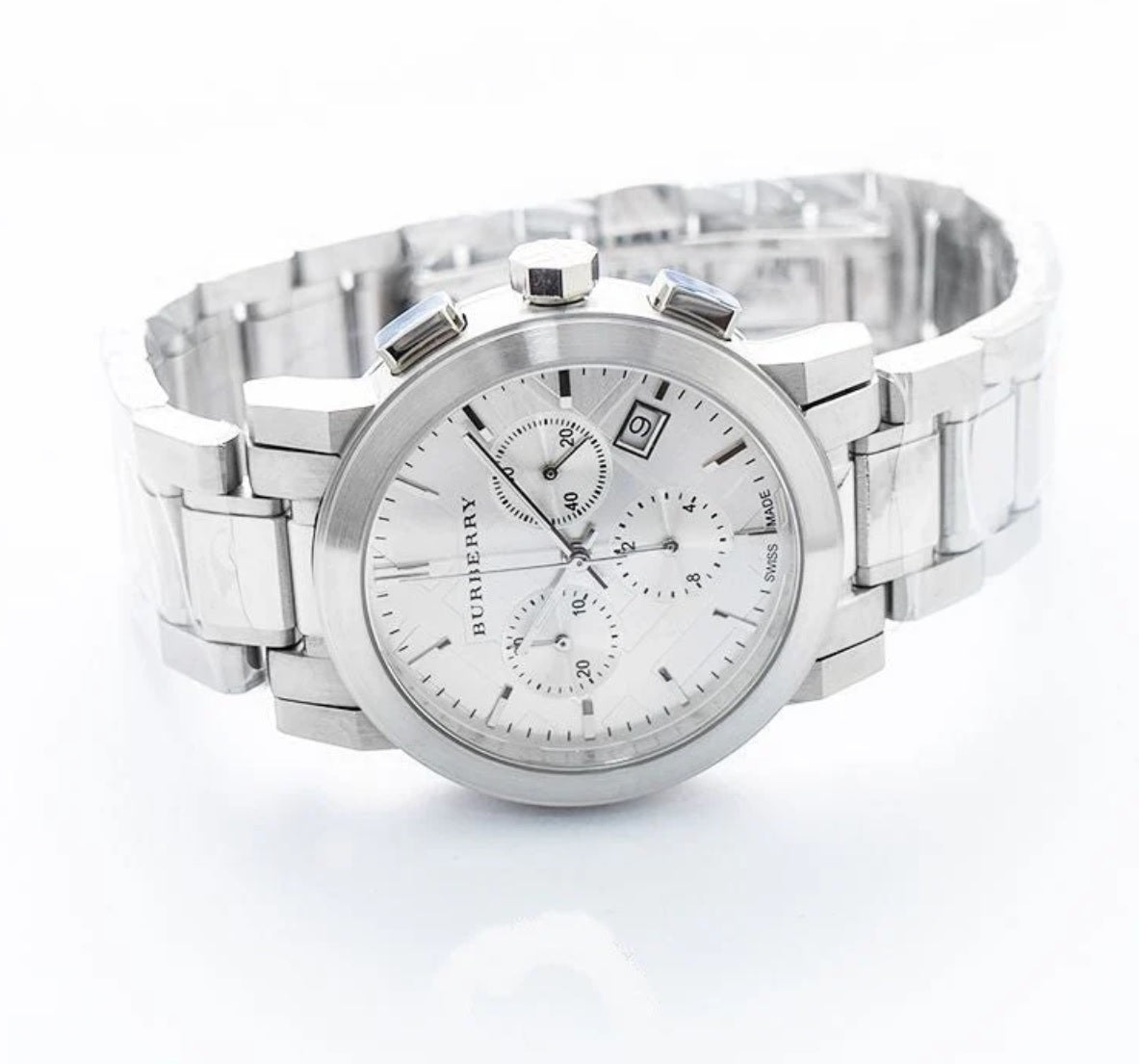 Close-up of Burberry BU9750 watch featuring silver dial and The City design
