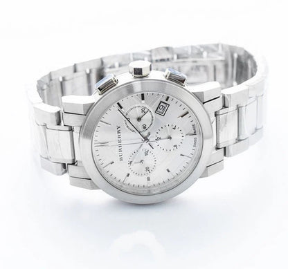 Close-up of Burberry BU9750 watch featuring silver dial and The City design