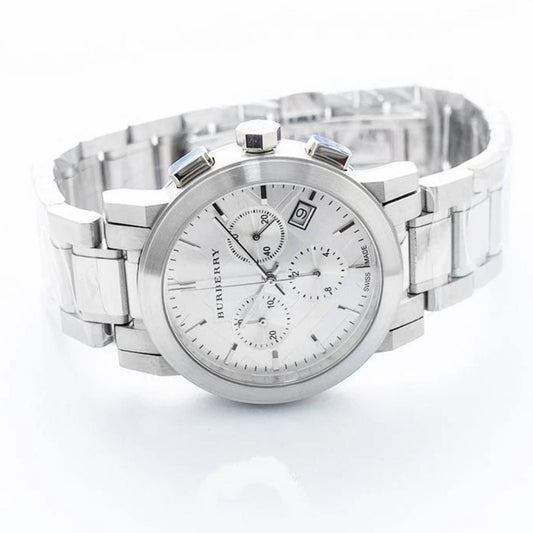 Close-up of Burberry BU9750 watch featuring silver dial and The City design