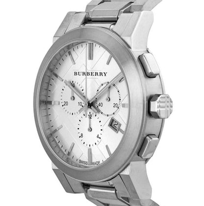 Side view of Burberry BU9750 unisex watch with stainless steel silver strap