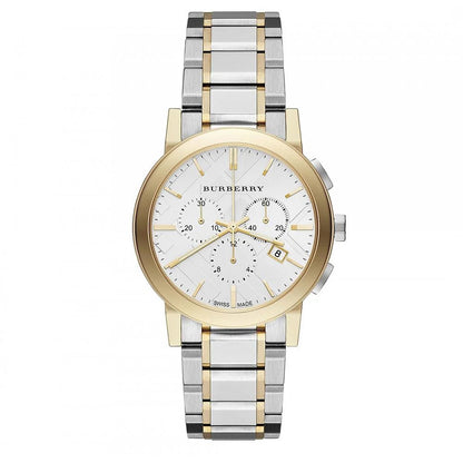 Close-up of Burberry BU9751 silver dial with The City Collection design