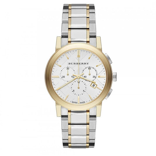 Close-up of Burberry BU9751 silver dial with The City Collection design