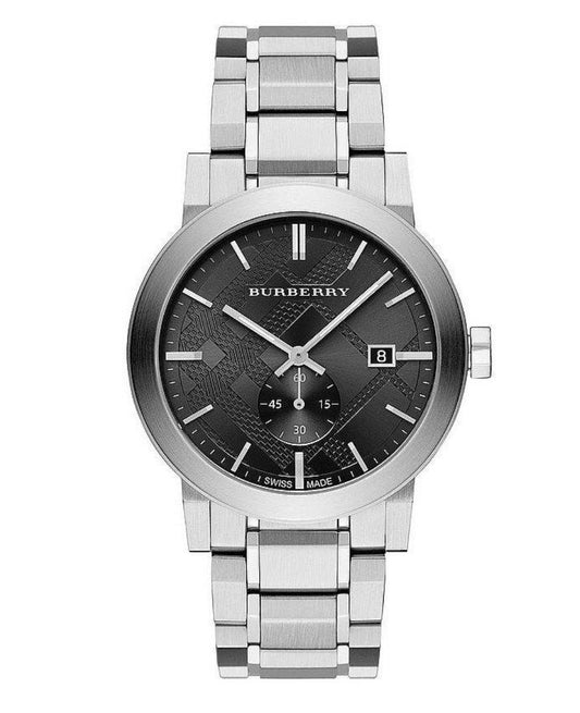 Front view of the Burberry BU9901 The City men's watch featuring a silver stainless steel bracelet, a black dial with signature check pattern, and a date window.